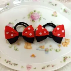 赤と黒の水玉リボンヘアゴム2個セット　6cm　ディズニー