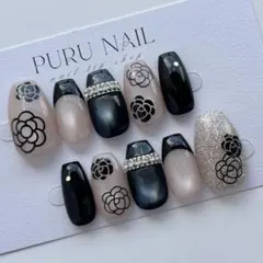 514現品◾️花×マグネット️×フレンチ×ベージュ×黒×ネイビー◾️ネイルチップ