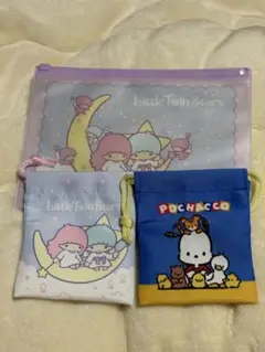 リトルツインスターズ ポーチ、巾着、ポチャッコ巾着3点セット