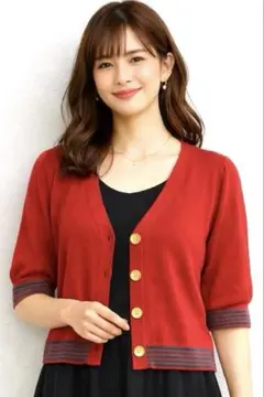 Juicy Couture レッド 五分袖Vネックカーディガン コットンP「S」