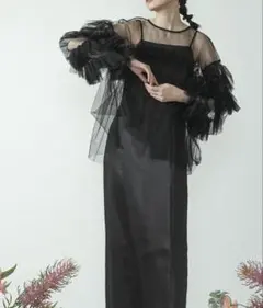 シースルー フリル ブラック パーティードレス 黒