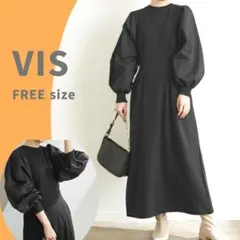VIS ふんわりスリーブ 異素材 ロングワンピース ブラック