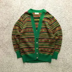 m*0様 Vintage カーディガン M 幾何学模様 ギミック 緑 レトロボタ