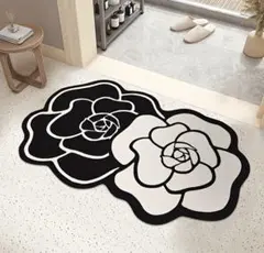 【ブラック&ホワイトの花柄エリアマット 50×80㎝】洗濯機洗い可
