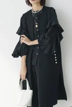 Frene フレーネ　パール付ロングベスト＋フリルブラウス【正規品・2点セット】
