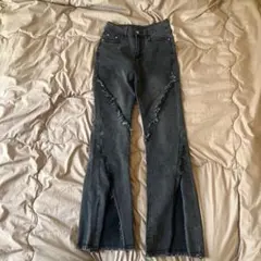 ダークグレー ブーツカットデニム XS フリンジ加工