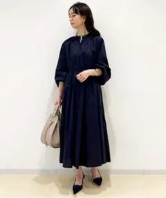 Mila Owen スタンドカラー袖ボリュームワンピース　ネイビー　コットン綿