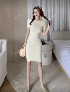 クリーム色 タイトフィット 半袖ミニワンピース