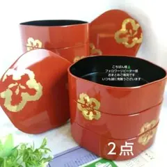 漆器のアソベ　梅型三段重箱　金梅　山中漆器　金箔工芸　木質洗朱２組／木製スプーン