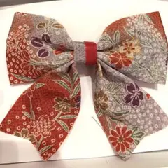 赤系和柄縮緬ヘアバレッタ/和装ヘア　リボン　髪留め