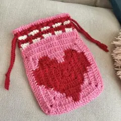 ハンドメイド かぎ編み 巾着 ハート グラニースクエア 小物入れ ポーチ