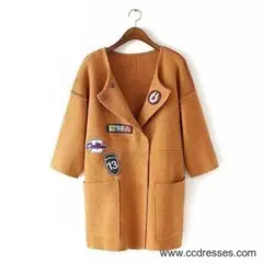 美品✨ノーカラースプリングコート ジャケット ワッペン ベージュ Freeサイズ