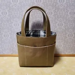 ハンドメイドブラウンカーキ デニムミニトートバッグチェック柄