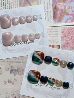 【サイズM】 フットネイル③　ネイルチップ完成品2点セット　手作り　フラッシュ