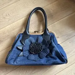 デニム レザー レトロ がま口 花 ショルダーバッグ　ハンドバッグ