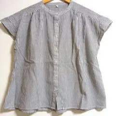 無印良品　洗いざらし強燃フレンチスリーブブラウス　ストライプ M-L