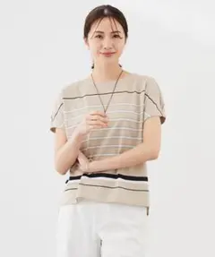 美品　ジェイプレス　パネルボーダー フレンチスリーブ カットソー　ベージュ系のサムネイル