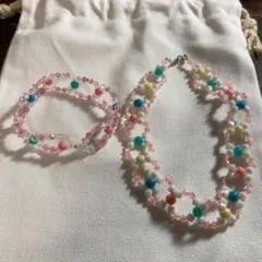 【ハンドメイド】ビーズレース編みネックレス・ブレスレットセット