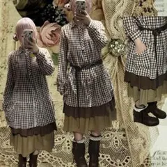 ꕤ*.゜ 森ガール チェック柄 長袖 シャツ 膝丈ワンピース ポケット付き ♩のサムネイル