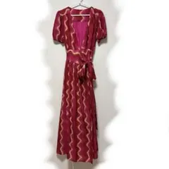 新品未使用 波柄 ピンク系 巻きワンピース ロング丈 ウエストリボン Sサイズ