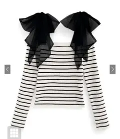 ボーダー柄リボンオフショルダーニットトップス［ru1113］