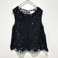 美品 Ray BEAMS(0/S)レースチェックノースリーブ ブラック