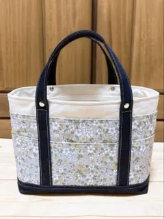 ポケットいっぱい♡ミニトートバッグ風ツールボックス♡さくら草花柄♡グレー＆生成り