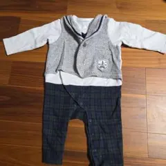 ベスト風ロンパース グレーと緑のチェック柄 80cm