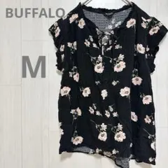 BUFFALO バッファロー 花柄 リボン チュニック シフォンブラウス M 黒