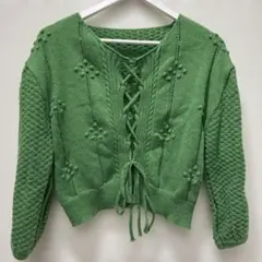 緑色レースアップニットカーディガン かわいい 送料込 匿名配送
