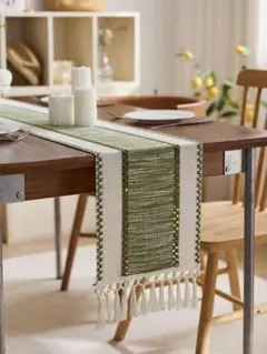 緑と白のストライプ テーブルランナー 30×180cm