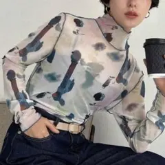 トップス　シースルー　総柄