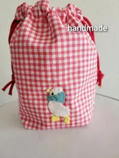 ギンガムチェック　裏地付　巾着　コップ袋　小物入れ