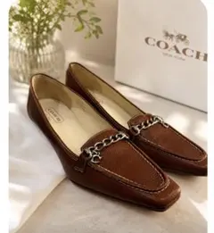 COACH コーチ レザー パンプス ブラウン チェーン金具 スクエアトゥ