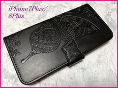 手帳型 iPhone7Plus/8Plus 用 スマホケース 蝶 花柄 ブラック