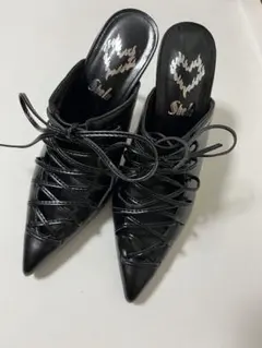 【未使用】ブラックレースアップミュール　ハイヒール