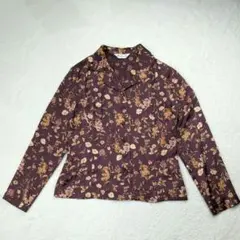 【美品/レトロ】東京スタイル 花柄ブラウス 総柄 11号 L くるみボタン 茶系のサムネイル