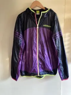 adidas ナイロンジャケット M 紫/黒/黄緑 ウィンドブレーカー パーカー