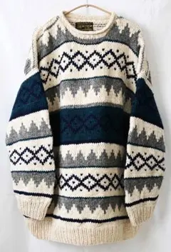 80s/REY WEAR/エクアドル ロールネック 総柄編みウールセーター/XL