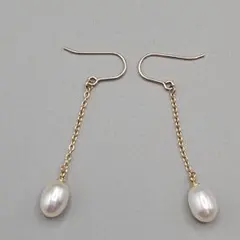 大粒真珠ロングチェーンのフックピアス ゴールド14KGF