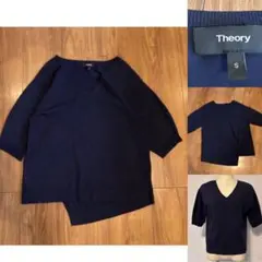 Theory セオリー　バックアシメトリーヘムデザイン　Vネック 半袖ニット S