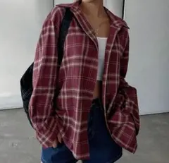 長袖シャツ　赤　チェック柄　XL