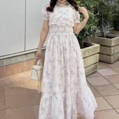 AnMILLE 花柄ギャザーリボンフラワーシャーリングOPピンクタグ付き
