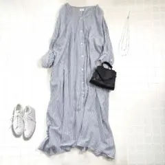 ストライプ Vネック ワンピース ロング フロントオープンシャツ 7分袖