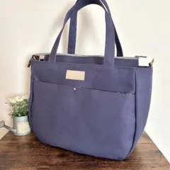 倉敷8号帆布ラウンドトートバッグL パープルブルー×ミモザ柄　ファスナー開閉