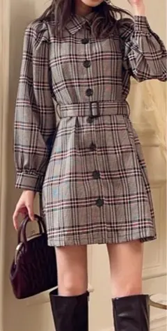 GRL ベルト付きチェック柄フレアシャツワンピース