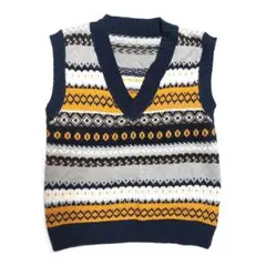 【美品】幾何学模様 総柄 ニットベスト ジャガード ゆるだぼ レトロ 紺 黄