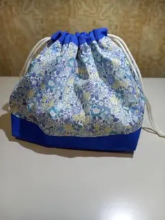 花柄   お弁当袋 巾着型 青