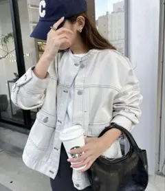 【andme】デニムジャケット ノーカラー ツイル ジャケット　オフホワイト　L