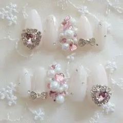 現品❤韓国 ワンホン 量産型 ちゅるん フレンチガーリー ビジュー ネイルチップ